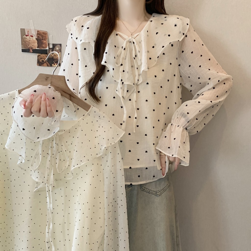 실사 빅 사이즈 프랑스식 품격 하트 도트 무늬 쉬폰 긴팔 셔츠 여성 레저 프릴 품격 태양 보호 셔츠