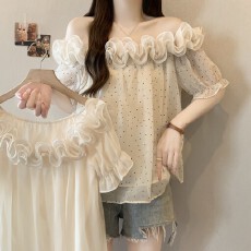 批发实拍<b class='q'>大码</b>~木耳边立体花朵<b class='q'>雪纺衫</b>夏款宽松遮肚子衬衣短袖露肩上衣