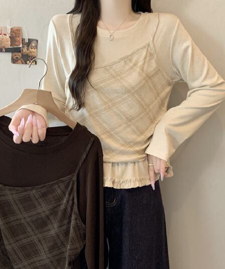 실사 빅 사이즈 페이크 레이어드 라운드 넥 긴팔 티셔츠 2026 가을 새로운 프릴 패치워크 디자인 센스 맨위