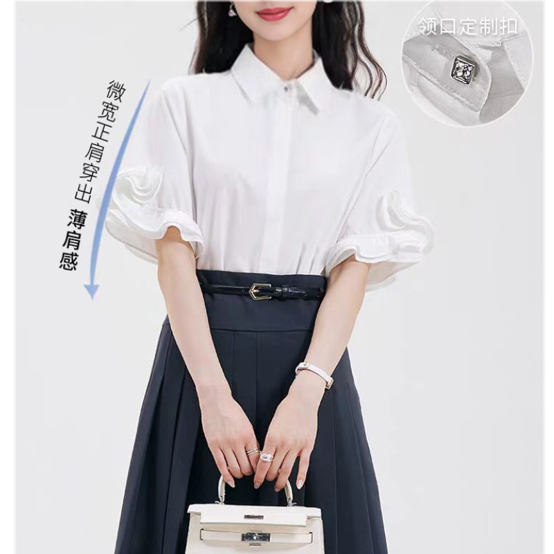 하얀 달빛 화이트 여성 셔츠 3 차원 꽃잎 디자인 반팔 프랑스식 사소한 맨위 여름 셔츠