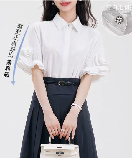 하얀 달빛 화이트 여성 셔츠 3 차원 꽃잎 디자인 반팔 프랑스식 사소한 맨위 여름 셔츠