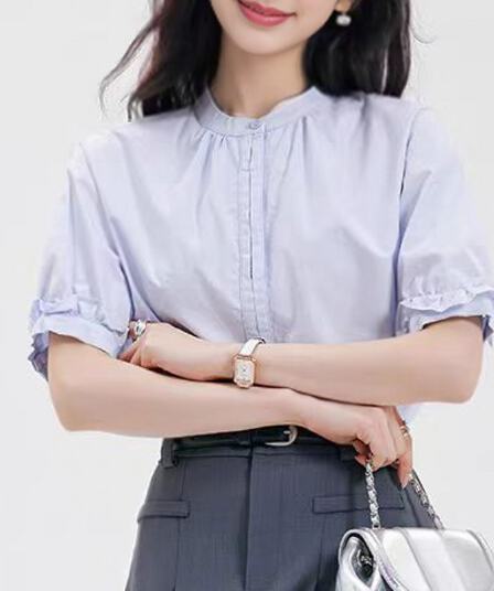 연령 감소 이동 클래스 맛 파란색 반팔 여성 셔츠 대학생 라운드 넥 출퇴근 셔츠 여자 여름 맨위