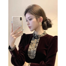 批发法式轻奢复古撞色丝绒打底<b class='q'>衬衫</b>女高级设计感秋冬收腰显瘦<b class='q'>长袖</b>上衣