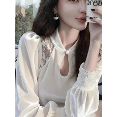 批发法式白色立领蕾丝拼接镂空丝绒衬衫女款秋季<b class='q'>新款</b>气质名媛内搭衬衣