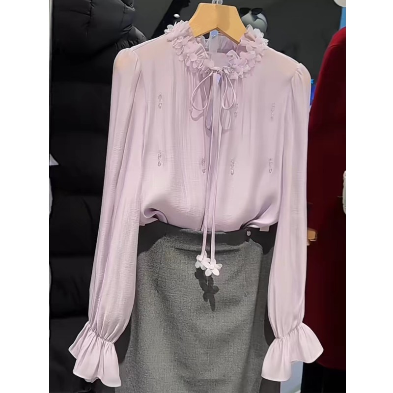 프랑스식 부드러운 바람 보라색 핑크색 절묘한 3 차원 꽃 비즈 박기 스탠드 칼라 레이스업 여성 셔츠 2026 봄 새로운 맨위