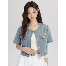批发拼接<b class='q'>蕾丝</b>短款牛仔衬衫外套女2026夏季新款小个子休闲小众短袖上衣