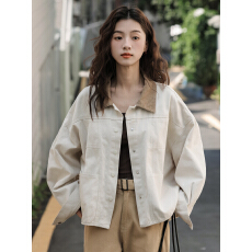 批发韩系简约拼接灯芯绒翻领设计<b class='q'>夹克</b>外套女2026春季新款复古工装上衣