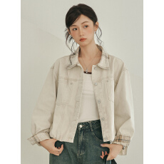 批发复古拼接杏色格子牛仔<b class='q'>外套</b>女2026春季新款减龄小个子宽松夹克上衣