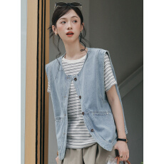 批发复古牛仔马甲女单排扣无袖短<b class='q'>外套</b>2026春季新款宽松叠穿坎肩上衣潮