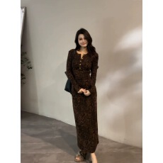 2267#~大婷婷 秋冬新款时尚豹纹复古显瘦修身轻奢连衣裙长袖裙