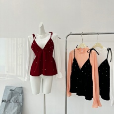 批发火火火【限定氛围】韩系丝绒氛围感吊带背心女外穿短款上衣套装