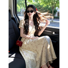 批发~V领刺绣短袖黄色碎花<b class='q'>连衣裙</b>女收腰显瘦绑带过膝长裙