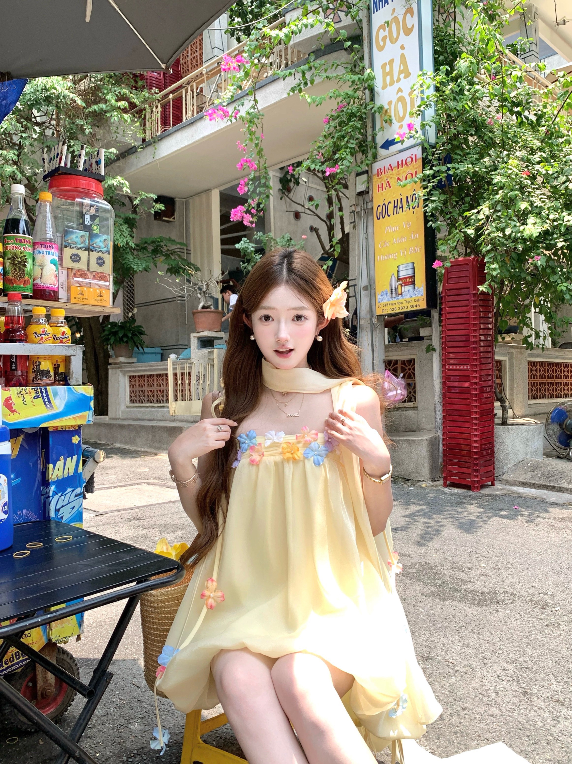 중간 길이 행침 목 리본 3 차원 꽃 한 마디 슬립 꽃밭 여성 드레스 여름 프랑스식 달콤함 치마