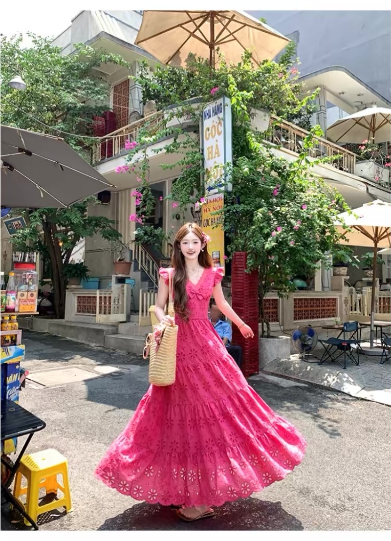 롱 코트 V넥 작은 날다 소매 허리 수축 홀로우 아웃 여성 드레스 여름 프랑스식 레트로 품격 레이스 치마