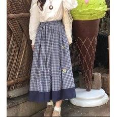 批发新款森系文艺格纹刺绣拼接百搭中长款气质长裙