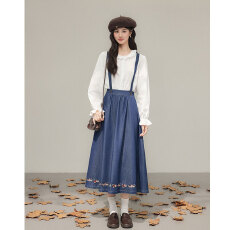 批发新款复古刺绣纯棉半身裙女秋<b class='q'>冬</b>休闲百搭松紧腰免洗牛仔背带裙