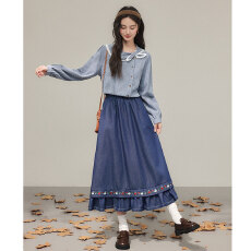 批发新款古着感vintage刺绣免洗牛仔半身裙文艺复古设计感高腰a字裙