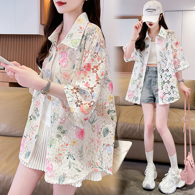 RY4635# 夏季新款美式复古设计大花镂空个性宽松衬衫短袖小众上衣女