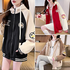 批发秋季美式棒球服外套女春秋<b class='q'>夹克</b>上衣2025新款初高中生大童休闲卫衣