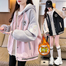 批发女童棒球服加绒加厚新款网红童装女孩冬装运动衣服大童冬季外套