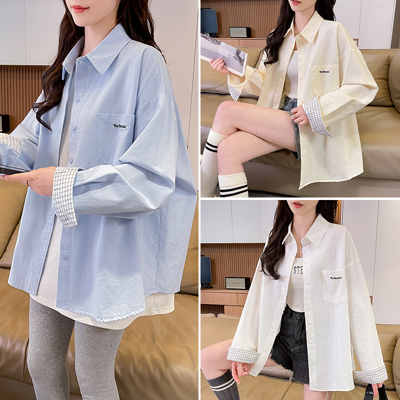 폴로 칼라 주머니 자수 소매 패치워크 색상 체크무늬 긴팔 셔츠 루즈핏 중 단추 롱 코트 캐주얼 맨위 오픈 가디건