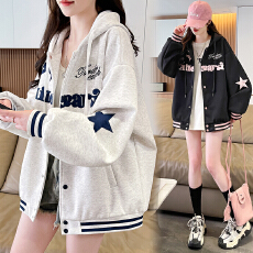 批发美式复古刺绣<b class='q'>棒球</b>服女春季新款连帽卫衣宽松慵懒风休闲开衫<b class='q'>外套</b>女