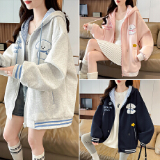 批发超好看刺绣小狗开衫连帽<b class='q'>卫衣</b>女新款宽松撞色格子韩系慵懒风外套