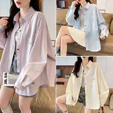 春季新款女长袖衬衫休闲条纹翻领女士纯棉衬衫长款百搭潮流