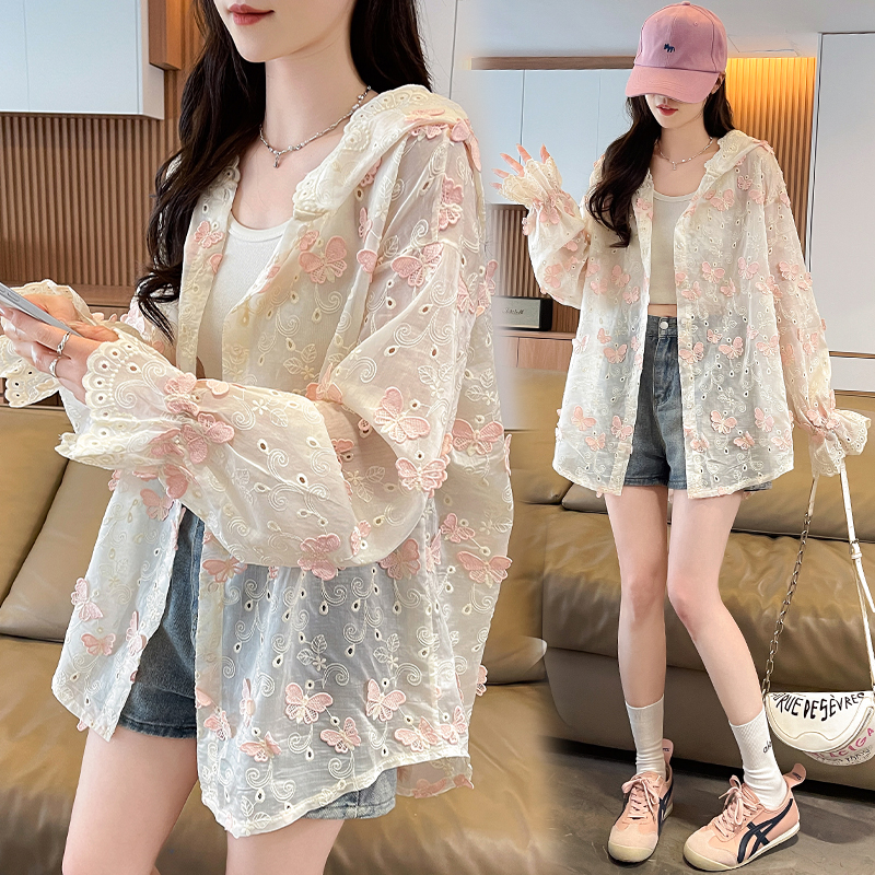 RY4634# 夏季新款重工蝴蝶刺绣长袖连帽衬衫女宽松休闲慵懒风薄款衬衣上...