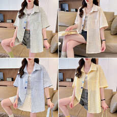 批发美式街头趣味纽扣短袖<b class='q'>衬衫</b><b class='q'>男</b>女夏季多巴胺格子<b class='q'>衬衣</b>休闲情侣外套潮