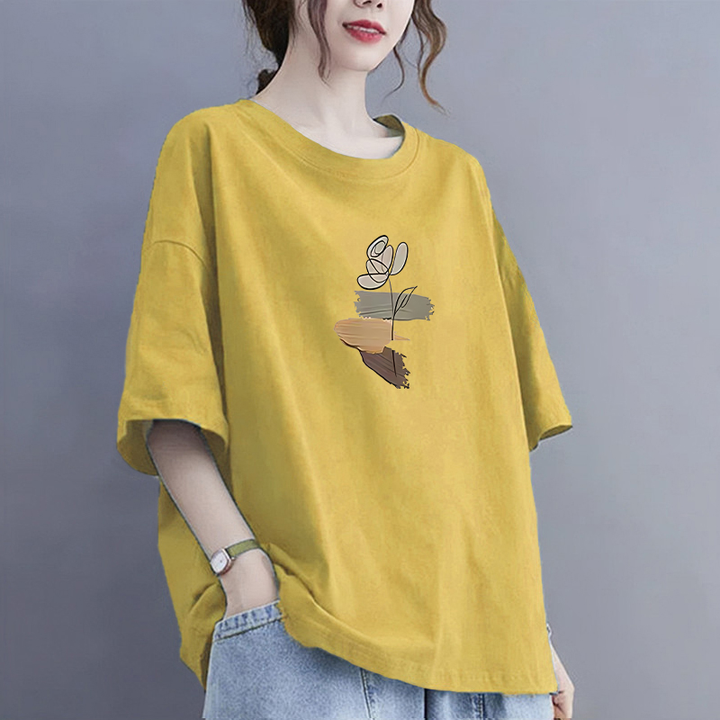 RY74630# 200斤大码女士圆领百搭纯棉T恤女新款宽松夏季印花短袖显...