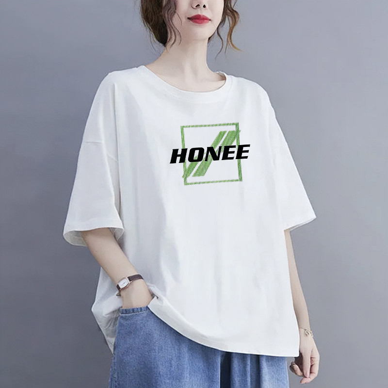 200 kg 빅 사이즈 여성 라운드 넥 다용도 순면 티셔츠 여성 새로운 루즈핏 여름 프린트 반팔 슬림해 보이는 맨위 여성