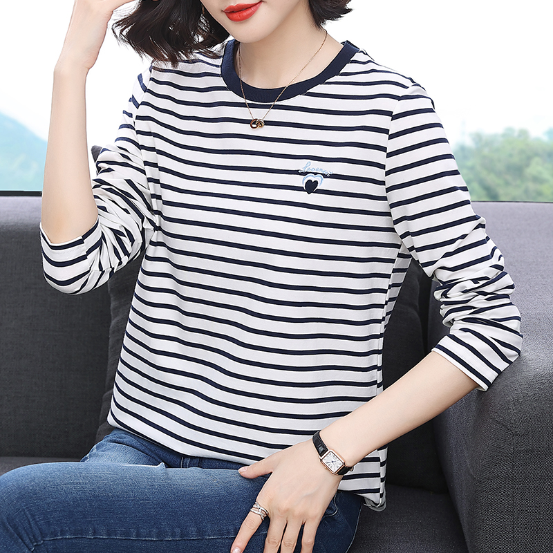 MY13083# 新款女装上衣显瘦妈妈打底休闲百搭纯棉刺绣条纹长袖T恤衫女...