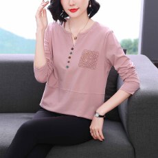 批发2025秋新款纯棉长袖T恤女妈妈刺绣休闲宽松彩扣装饰打底外穿上衣