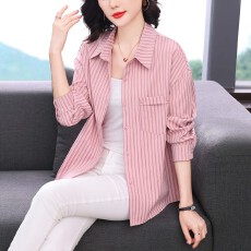 批发2026春新款韩系春装休闲<b class='q'>衬衣</b>女士上衣粉色条纹短款夹克<b class='q'>衬衫</b>外套女