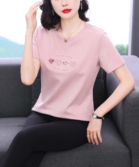 2026 새로운 순면 긍정적 인 어깨 반팔 티셔츠 여성 여름 라운드 넥 자수 작은 키 아름다운 캐주얼 작은 맨위