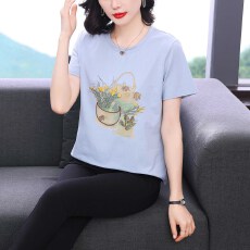 批发2026夏装新款图案绣花纯棉宽松蓝色上衣女中年妈妈装<b class='q'>女</b>士短袖T恤