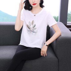 批发白色正肩上衣半袖女中年妈妈装<b class='q'>2026</b>年新款百搭宽松纯棉短袖T恤女