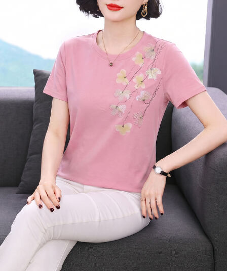 순면 가시 자수 티셔츠 여성 여름 드레스 반팔 절묘한 품격 중년 엄마 맨위 새로운 중식 공예 티셔츠