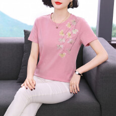 批发纯棉刺绣花t恤女夏装短袖精致气质中年妈妈上衣新中式工艺体恤衫