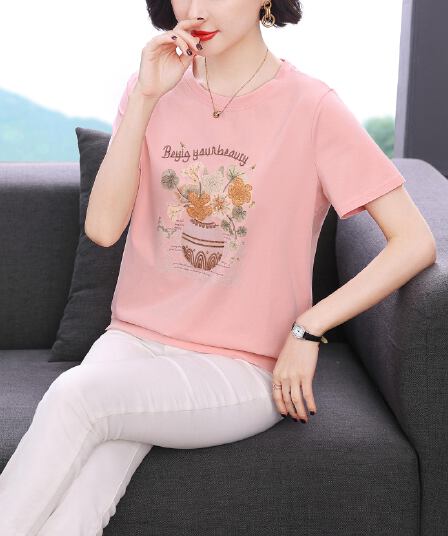 2026 년 새로운 순면 반팔 티셔츠 여성 여름 드레스 세련된 꽃무늬 자수 맨위 중년 엄마 연령 감소 동정