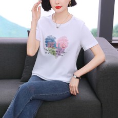 批发2026夏季新款爱心印花圆领短袖t恤女刺绣减龄妈妈显瘦上衣<b class='q'>体恤衫</b>