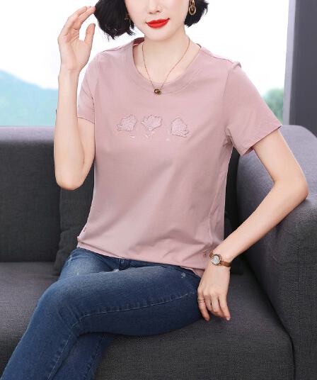 2026 새로운 여름 라운드 넥 자수 작은 키 아름다운 캐주얼 작은 맨위 순면 긍정적 인 어깨 반팔 티셔츠 여성