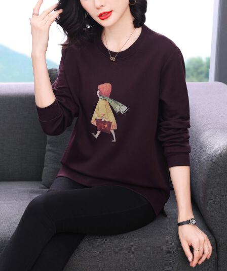실사 2026 가을 새로운 만화 여성 후드티 일반 밑단 트임 라운드 넥 이른 가을 맨위 루즈핏 긴팔