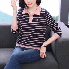 批发纯棉拼色条纹长袖t恤女秋衣新款翻领减龄上衣中年<b class='q'>妈妈装</b>洋气上衣