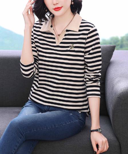 2026 년 새로운 가을 다용도 폴로 칼라 popl 셔츠 여성 있음 칼라 스트라이프 긴팔 티셔츠 여성 순면 배색 맨위