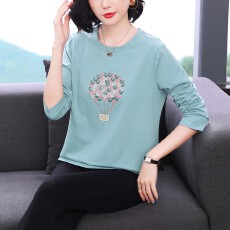 批发2026印花烫钻纯棉长袖T恤女秋<b class='q'>胖</b>mm<b class='q'>大码</b>宽松初秋纯色薄款打底上衣