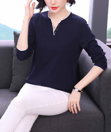 2026 새로운 패치워크 색상 V넥 긴팔 티셔츠 여성 봄 가을 폭발 고급 여성 의류 얇은 맨위 외국 가스 인사이드 가져 가라. 기본 셔츠