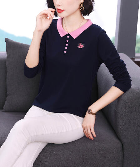 2026 가을 새로운 배색 폴로 칼라 맨위 순면 긴팔 티셔츠 여성 트로이 목마 패턴 자수 만나는 어머니 드레스
