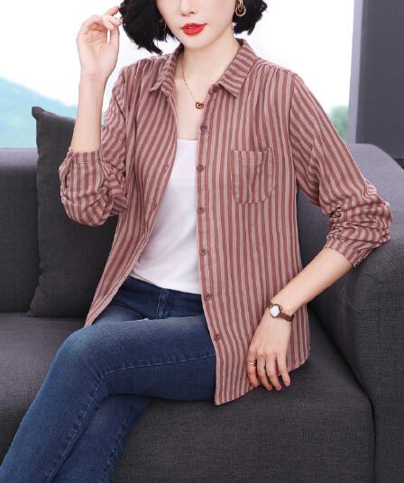 2026 가을 새로운 레트로 문예 스트라이프 이중층 면사 긴팔 여성 셔츠 루즈핏 패션 다용도 순면 맨위